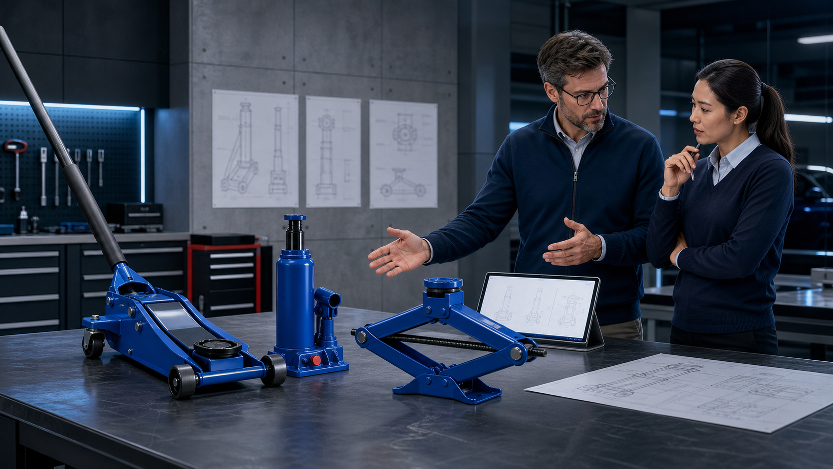 Automotive product engineers comparing complete Floor, Bottle and Scissor Jack formats