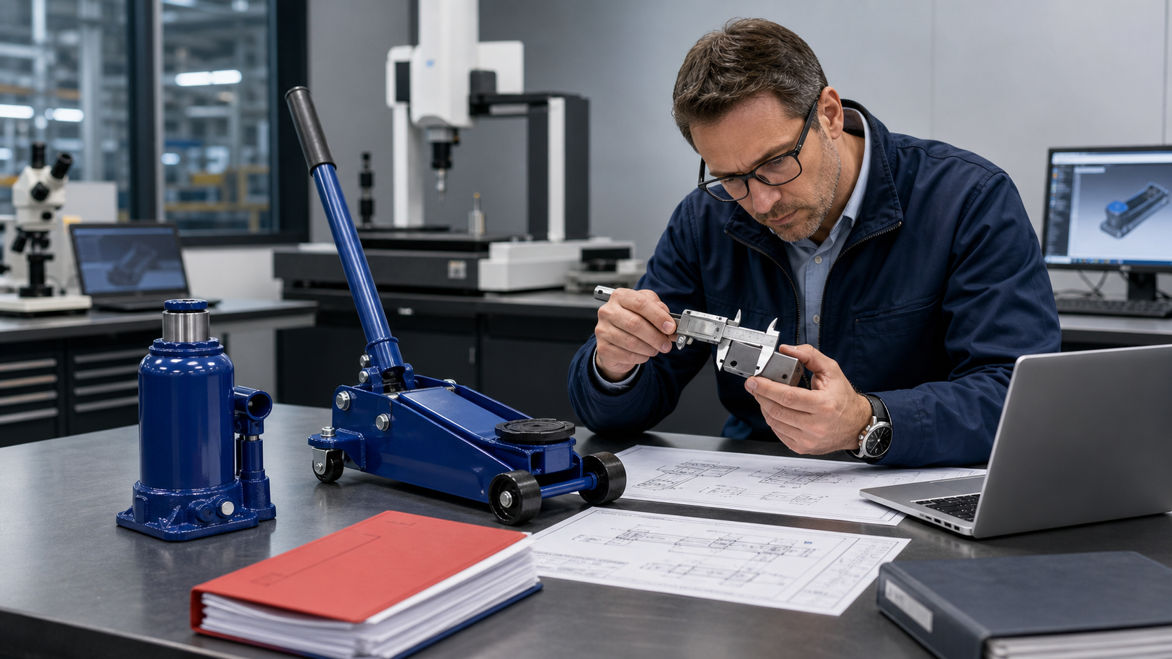 Quality engineer reviewing complete Jack products, drawings and model measurements